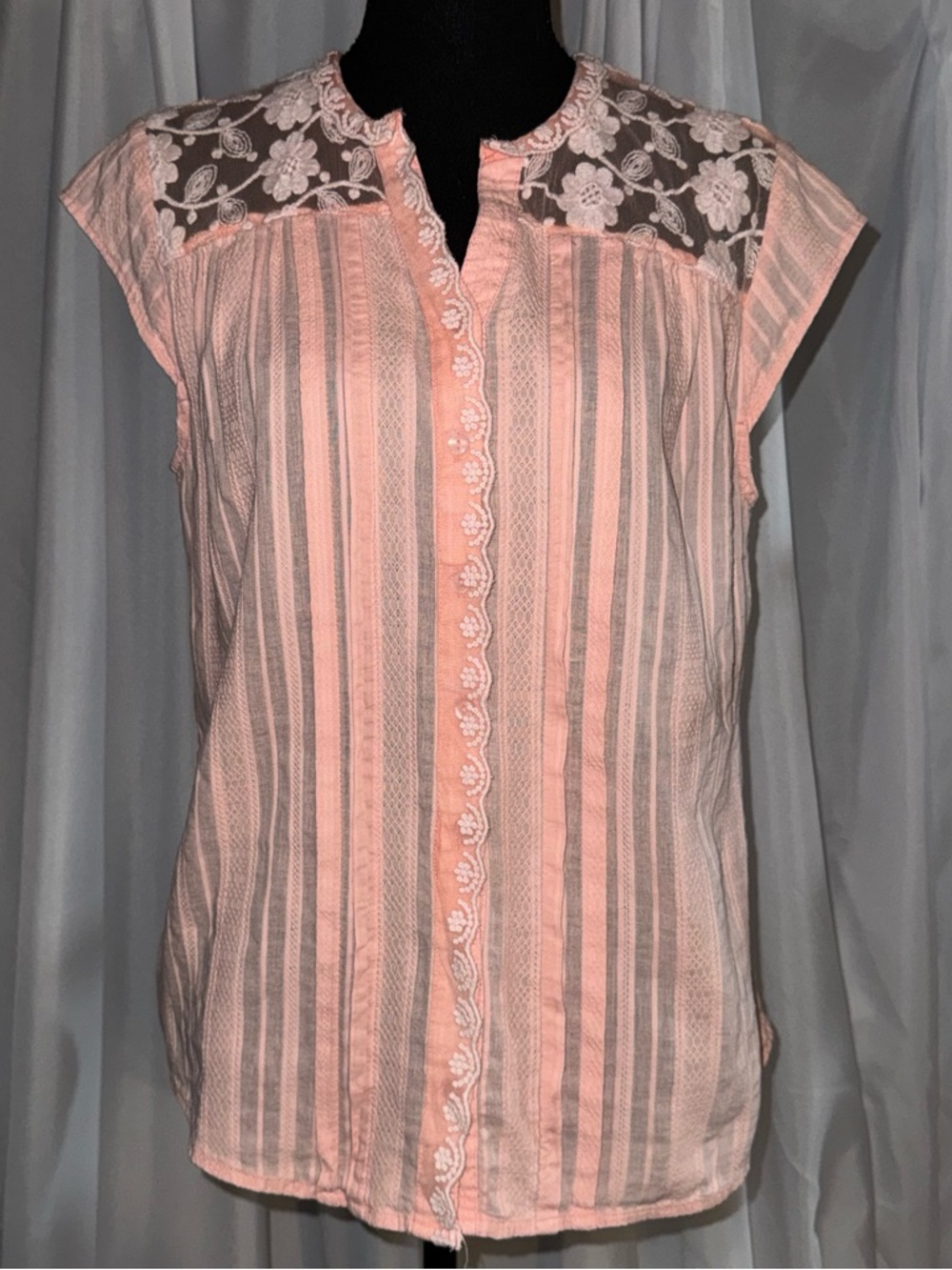Architect Coral-Pink Striped Lace Yoke Cap Sleeve Blouse